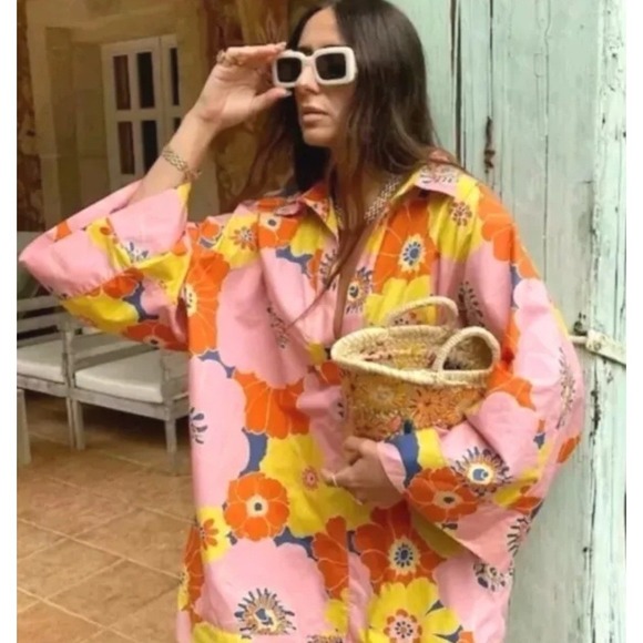 Zara Tunic Pink Top Womens Oversized Flower Multicolor Floral Kimono Sz XS NWOT - Picture 12 of 12